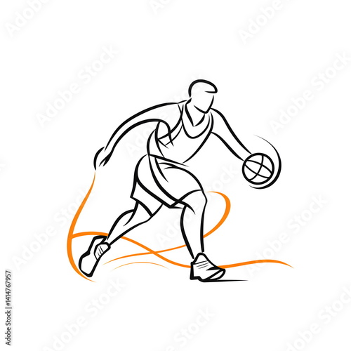 Minimalist black and white logo of a basketball player in motion, dribbling or shooting, with curved clean lines, pastel orange ball detail, and energetic linework on a white background.