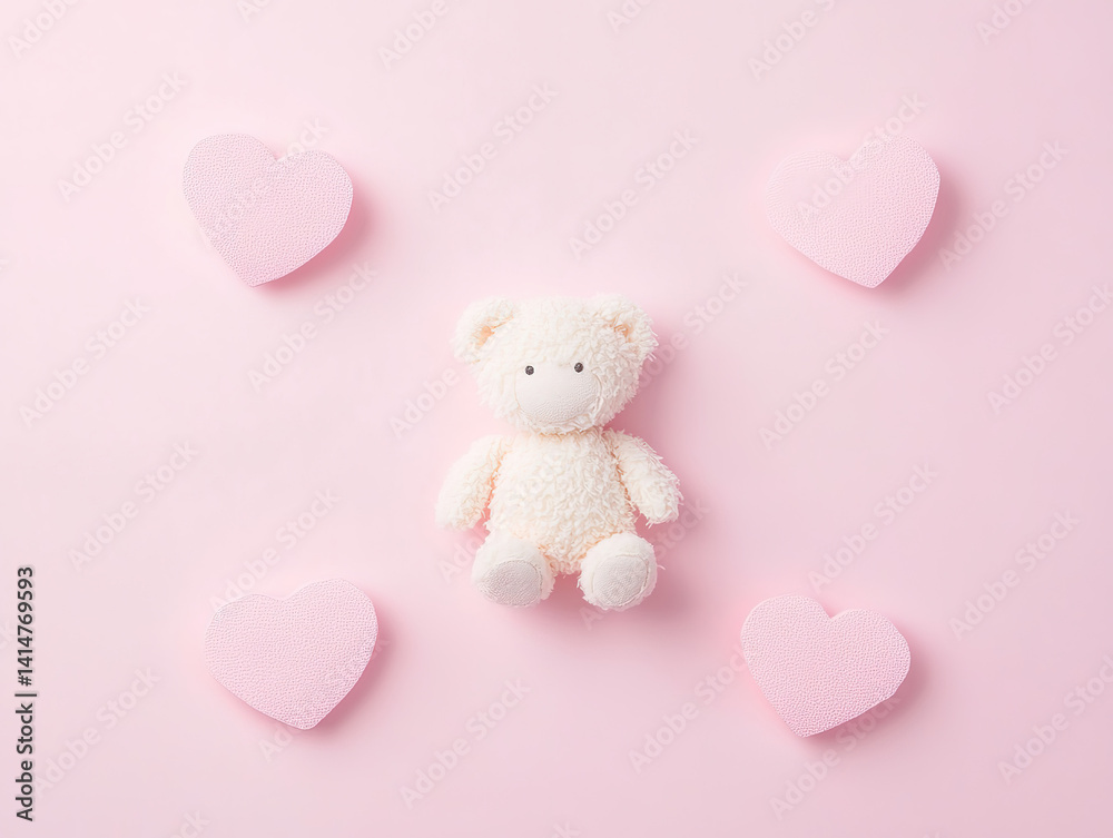Obraz premium Minimalist White Teddy Bear with Pink Hearts - Flat Lay Top View for Mother's Day, Kids Product Promotion, Pastel Background Baby Shower Decor.
