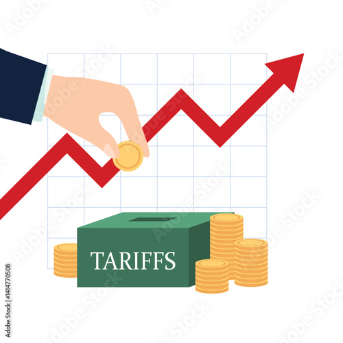 Tariffs increasing. Price going up. Red arrow pointing up with text. Economy vector illustration.
