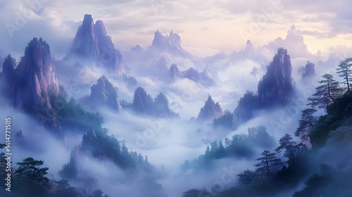 Wallpaper Mural A valley shrouded in fog with distant mountain peaks Torontodigital.ca