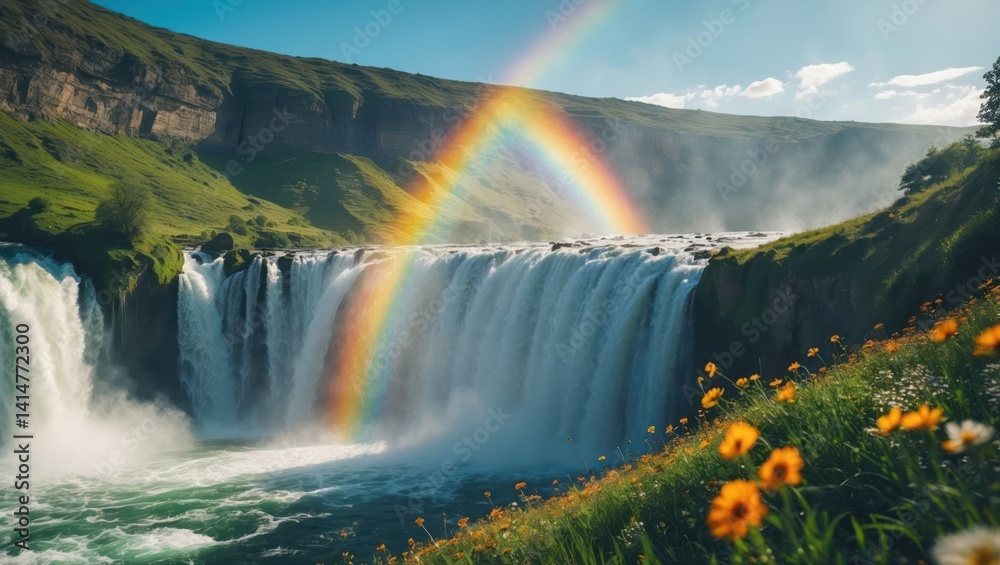 Fototapeta premium Waterfall with Rainbow Splendor Cascading Over Rocks and Flower Meadow