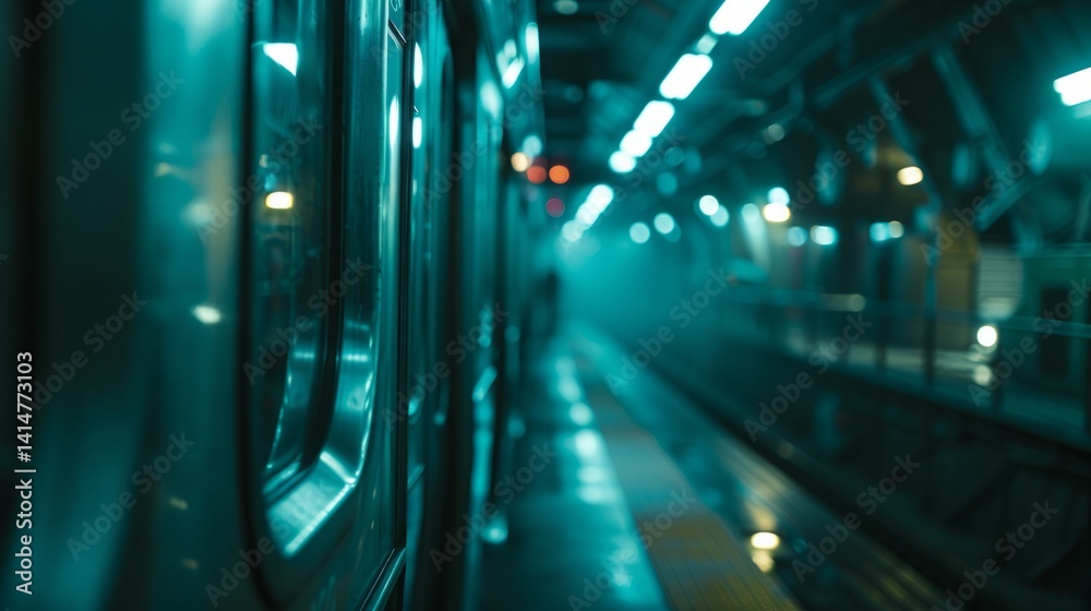Moody Subway: Platform View With Atmospheric Lighting In Deep Teal Tones Moody Subway: Platform View With Atmospheric Lighting In Deep Teal Tones