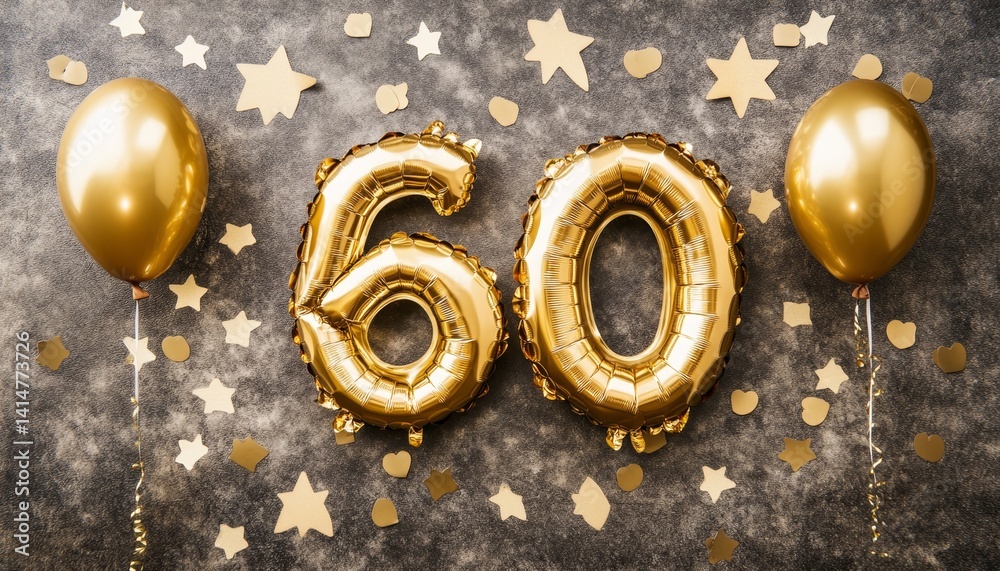 Golden Number 60 Balloons Decoration For Sixtieth Birthday Celebration, Surprise Decoration Concept