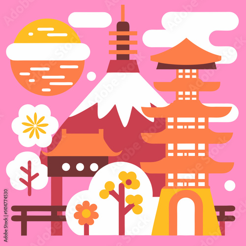 A cheerful, stylized depiction of Japan featuring Mount Fuji, traditional pagodas, cherry blossoms, and a glowing sun, all set against a pink background.