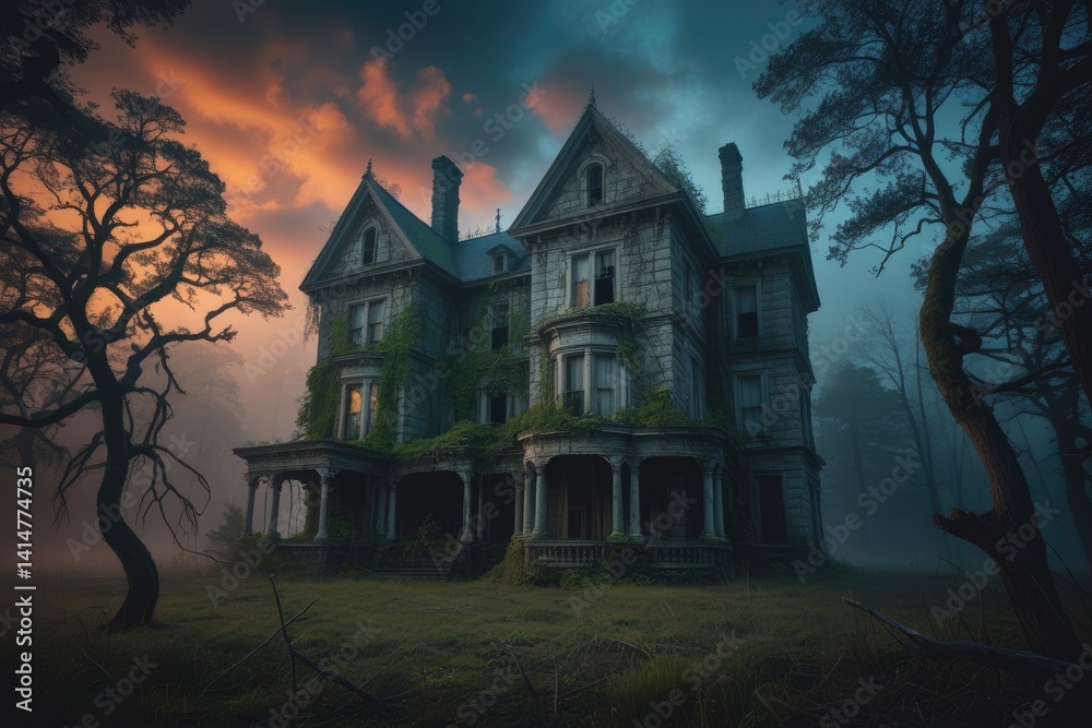 Abandoned Mansion in Misty Forest with Twilight Glowing embers Abandoned Mansion in Misty Forest with Twilight Glowing embers