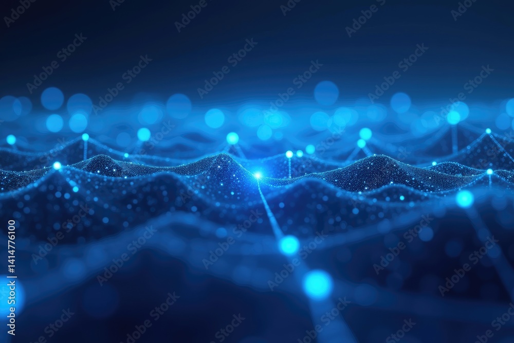Obraz premium Abstract Blue Technological Landscape with Glowing Nodes and Futuristic Design