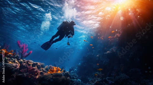 Scuba diver silhouette descending underwater with professional gear and vibrant sea life