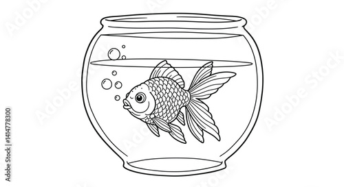 Cute Goldfish Coloring Sheet Blowing Bubbles in Bowl Basic Fish Illustration Printable Aquatic Art