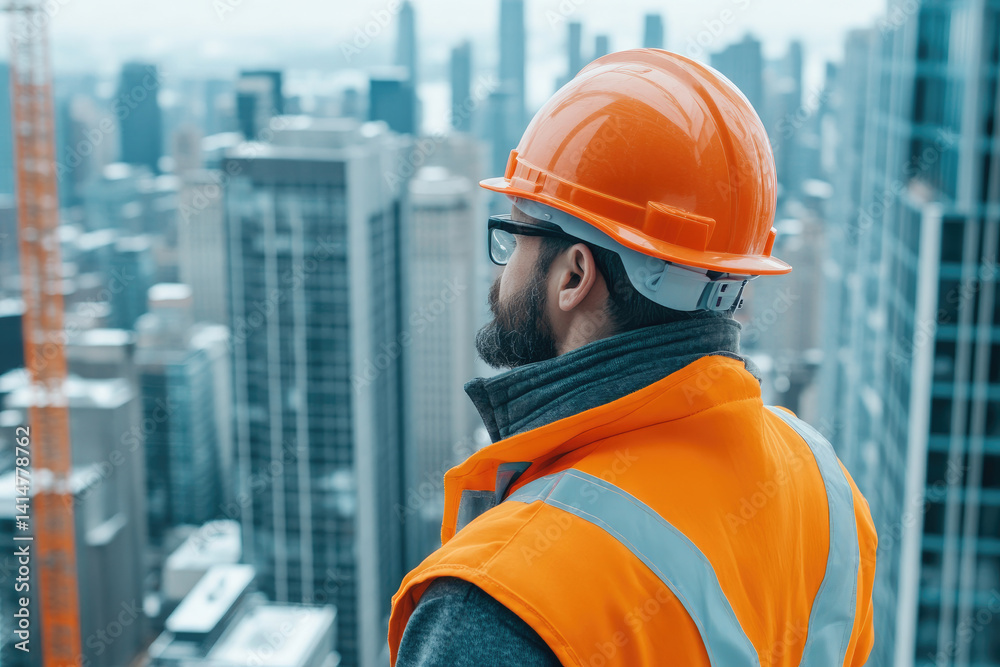 Engineer reviews safety protocols with construction team at modern skyscraper site for precision and professionalism Engineer reviews safety protocols with construction team at modern skyscraper site for precision and professionalism