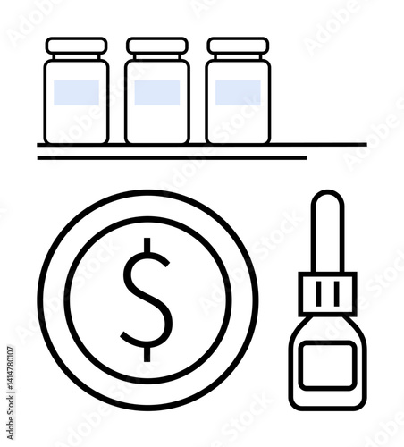 Three jars on a shelf, dollar coin, and small dropper bottle highlight cost, healthcare, pharmacy, and medicine. Ideal for finance, healthcare budget, treatment research funding pharmaceutical