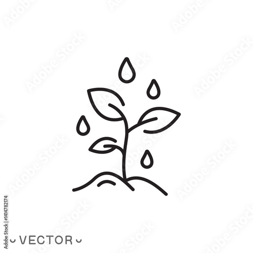 watering plant icon, growth tree, seedling for garden, drip irrigation concept, thin line symbol isolated on white background, editable stroke eps 10 vector illustration