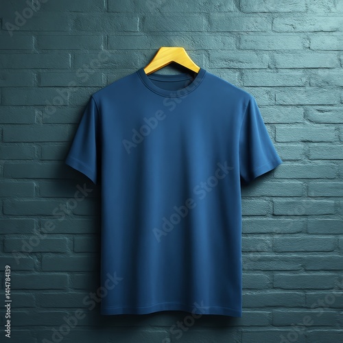 Blue t-shirt mockup on hanger against teal brick wall for product display and advertising presentation template concept. Ai generative.