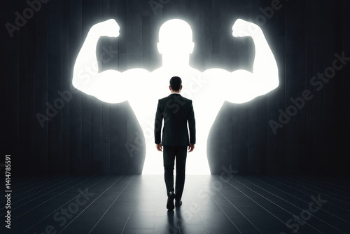 Businessman walking toward glowing muscular silhouette symbolizing inner strength and empowerment on dark abstract background with bright light.