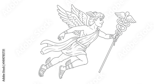 Roman God Mercury Messenger Deity Coloring Sheet Winged Sandals Staff Ancient Mythology Line Art Illustration