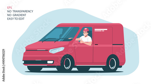Cheerful driver showing thumbs up while driving a light commercial van. Vector illustration.