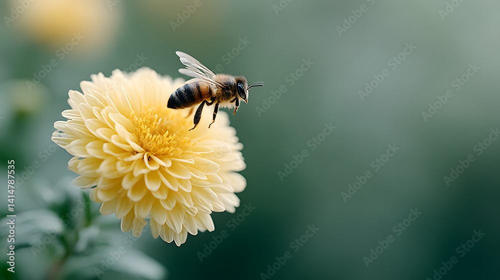A bee sits on a flower, basking in the sunlight, with vibrant black and yellow colors, capturing the essence of nature’s pollination process.