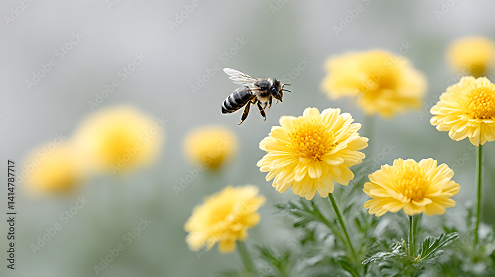 A bee sits on a flower, basking in the sunlight, with vibrant black and yellow colors, capturing the essence of nature’s pollination process.