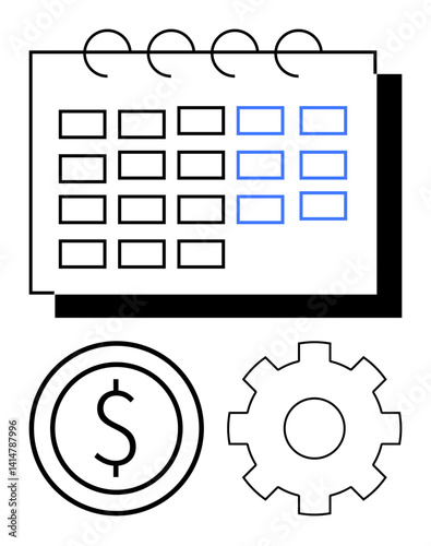 Calendar grid with blue highlights, dollar sign, and gear icon conveying budget scheduling, productivity, and task optimization. Ideal for finance, planning, and workflow visuals, simple landing page