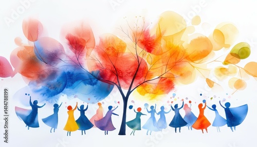 Colorful watercolor scene of women celebrating under a vibrant autumn tree.