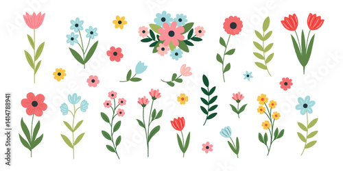 Crayon-style hand-drawn flower collection with leaves, featuring scribbled vector florals. Perfect for spring and summer prints, botanical art, and floral decor for 8 March, Mother's Day, or Easter.