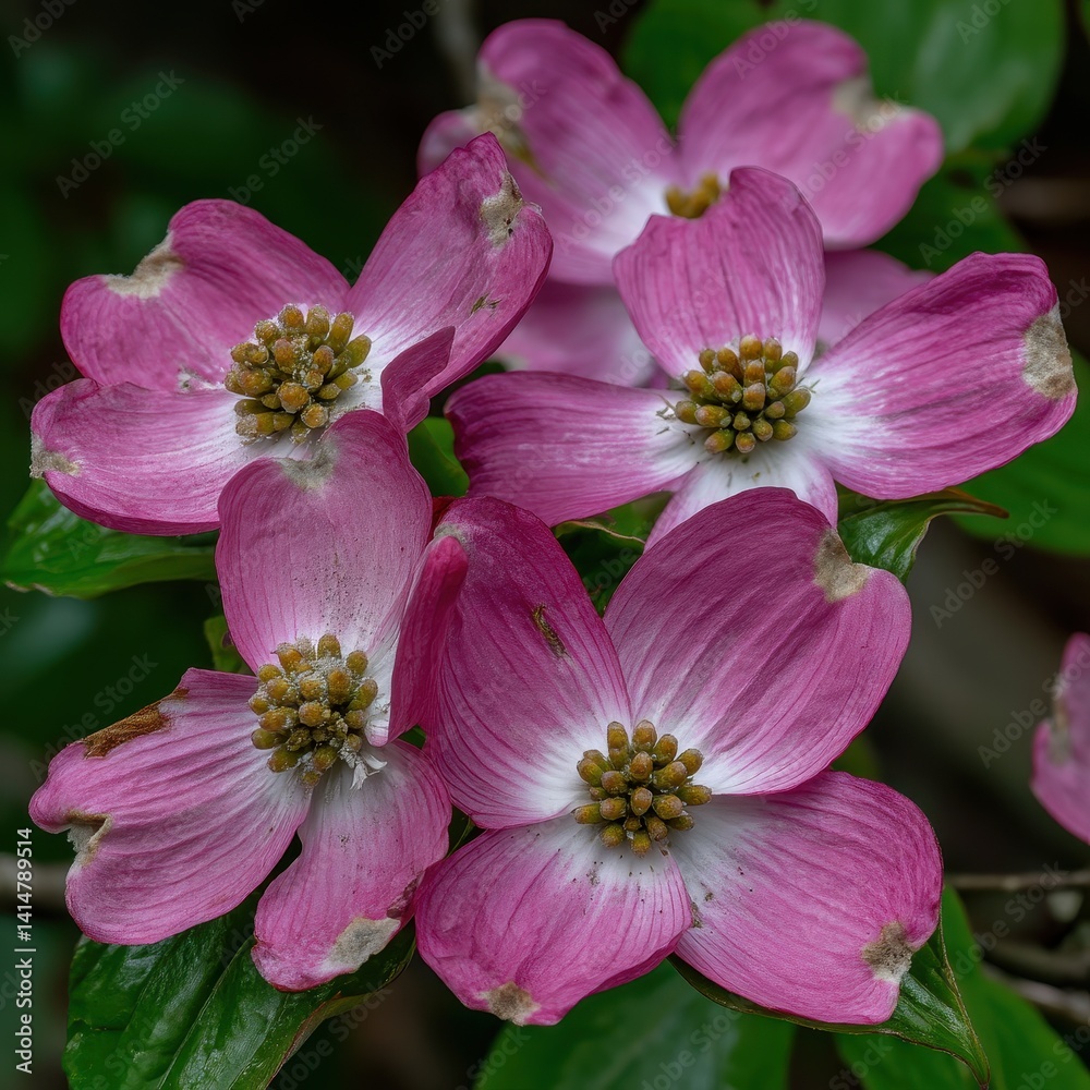 Delicate pink dogwood blossoms with creamy white edges and golden centers bloom against a lush green backdrop. A beautiful floral close-up Delicate pink dogwood blossoms with creamy white edges and golden centers bloom against a lush green backdrop. A beautiful floral close-up