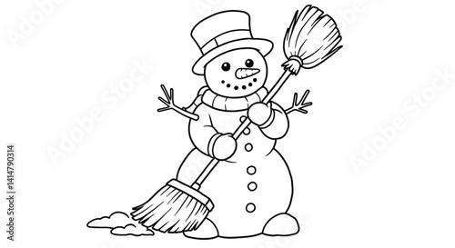 Snowman Holding Broom Coloring Page Sweeping Snow Winter Chore Holiday Helper Simple Outline Printable Activity
