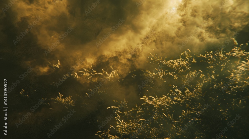 Naklejka premium Golden Haze: Abstract Nature Scene With Clouds & Grass, Dreamy Vibe