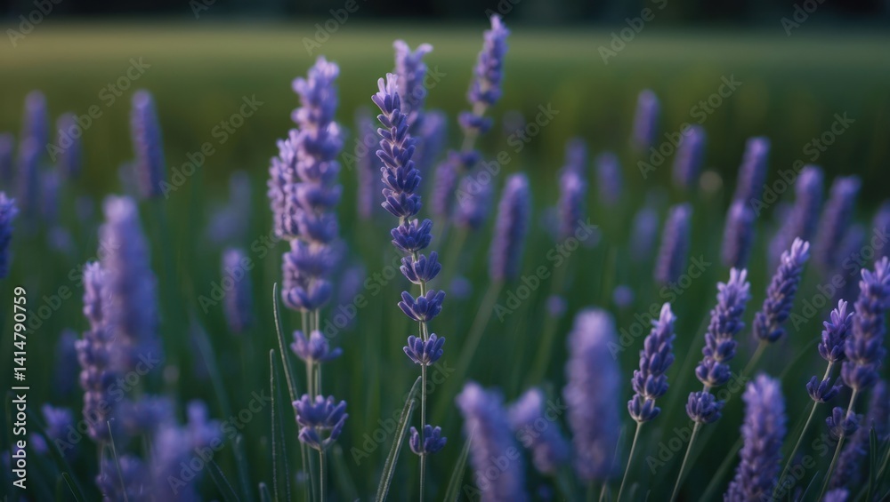 Obraz premium Lavender Blooms in Field Closeup with Calming Purple Hues