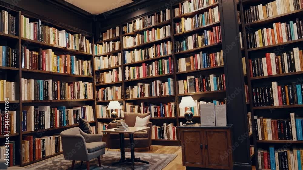 Cozy library ambiance with bookshelves and reading nook in a peaceful setting Cozy library ambiance with bookshelves and reading nook in a peaceful setting