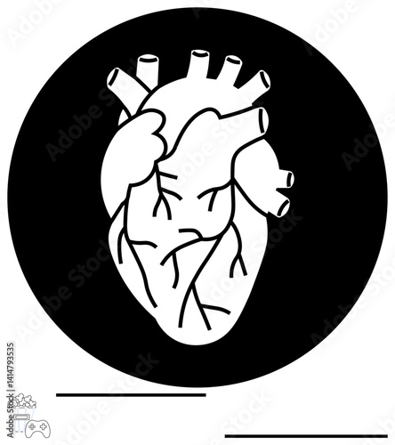 Anatomical heart illustration inside bold black circle with detailed arteries and veins. Ideal for healthcare, biology, anatomy studies, cardiology, education, science, design. Flat simple metaphor