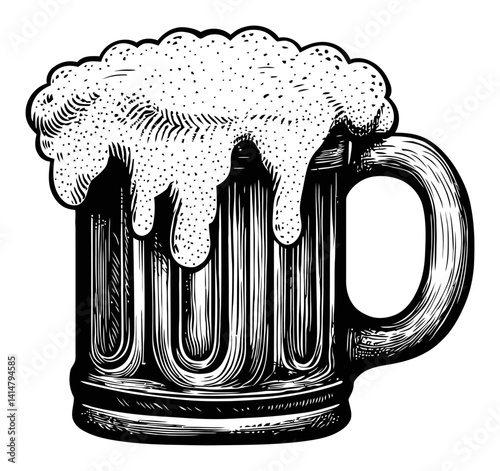 Vintage Woodcut Style Beer Mug with Foam and Detailed Texture