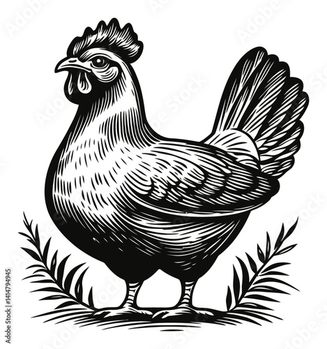 Detailed Black and White Woodcut Style Chicken Engraving Art