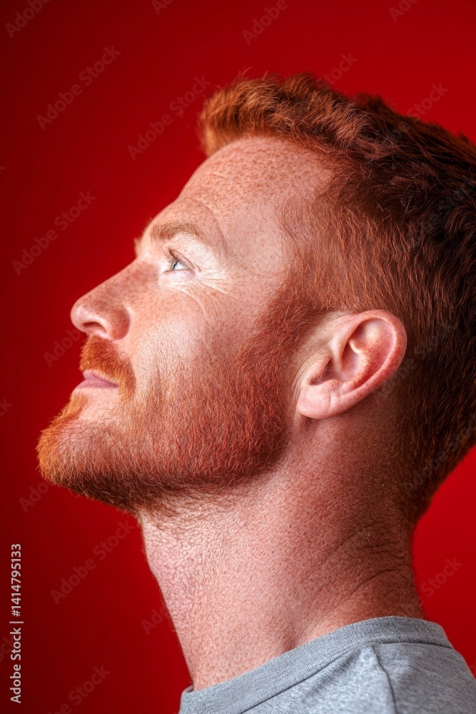 Obraz premium Red solid background. Idea of style for aging men. Trendy men's textured crop haircut - midlife white man with red hair. A fashionable midlife male standing confidently.
