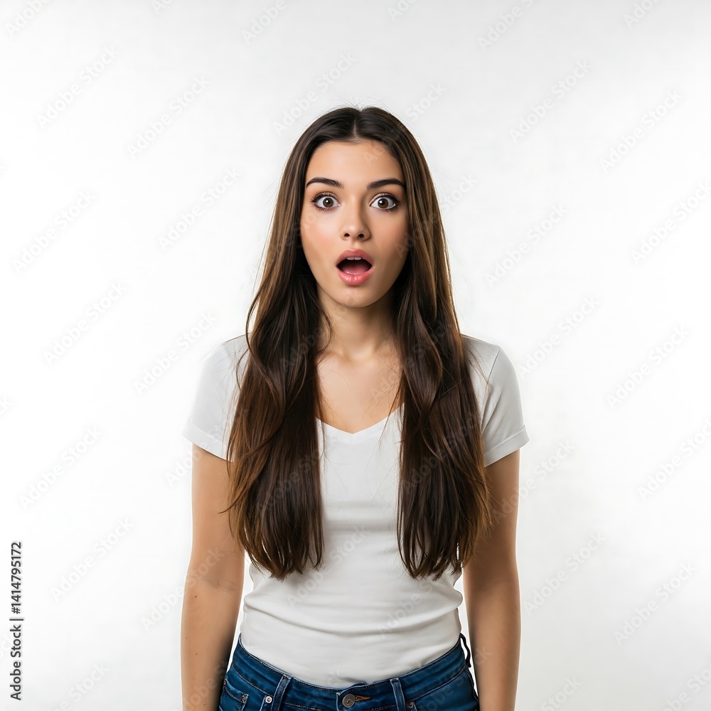Young Woman Expressing Extreme Surprise and Shock: Wide Open Eyes, Dropped Jaw, and Astonished Facial Expression Young Woman Expressing Extreme Surprise and Shock: Wide Open Eyes, Dropped Jaw, and Astonished Facial Expression
