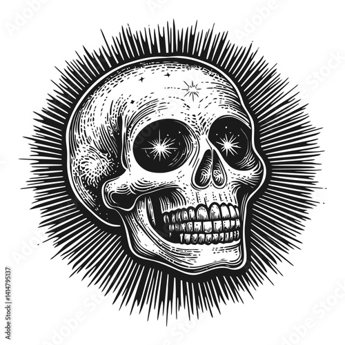 Detailed Vintage Woodcut Illustration of a Stylized Skull Design