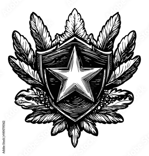 Vintage Woodcut Style Shield with Star and Leaf Design