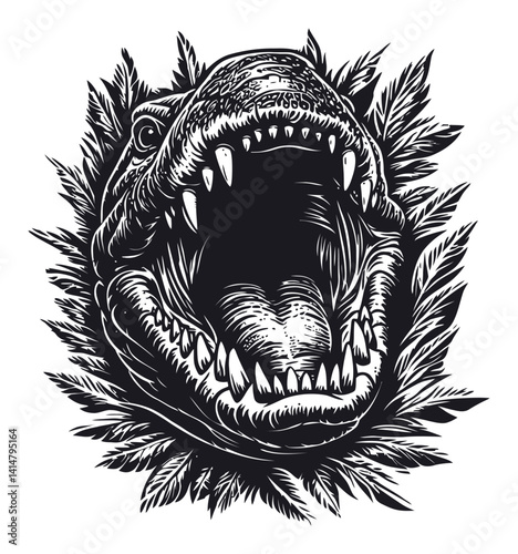 Black and White Woodcut of a Roaring Dinosaur with Leaf Details