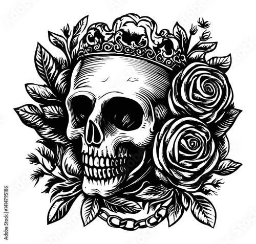 Skull with Crown and Roses Engraving in Black and White Style