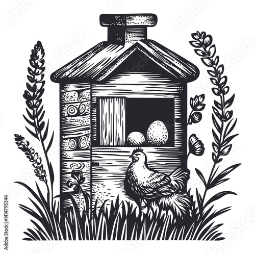 Vintage Woodcut of Chicken Coop with Eggs and Hen in Garden