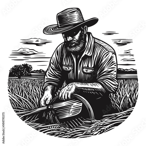 Detailed Woodcut Illustration of a Farmer Tending to Crops