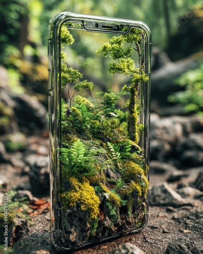 Digital detox and connecting with nature, blending modern technology with lush forest growth reflects balance between digital life and natural renewal.