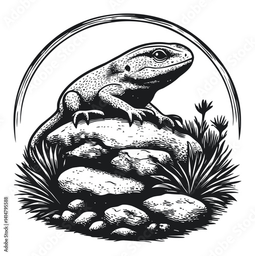 Detailed Woodcut Style Illustration of a Lizard on a Rock
