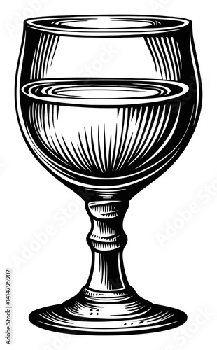 Black and White Woodcut of Elegant Glass with Water Inside