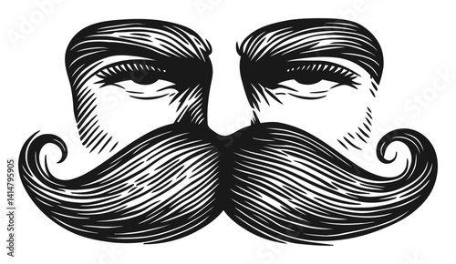Vintage Woodcut Style Mustache and Eye Illustration Design