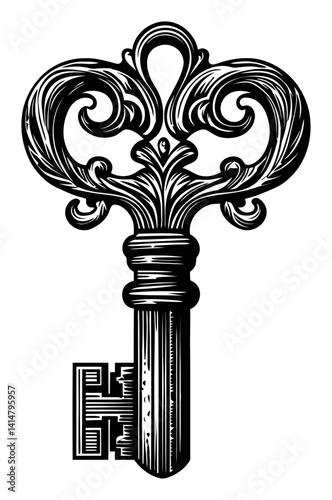 Ornate Vintage Key Woodcut Design for Artistic Illustrations