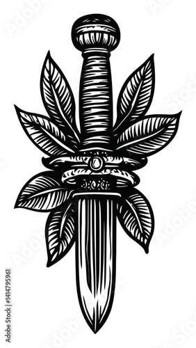 Intricate Woodcut Design of Dagger with Leaves and Eye Motif