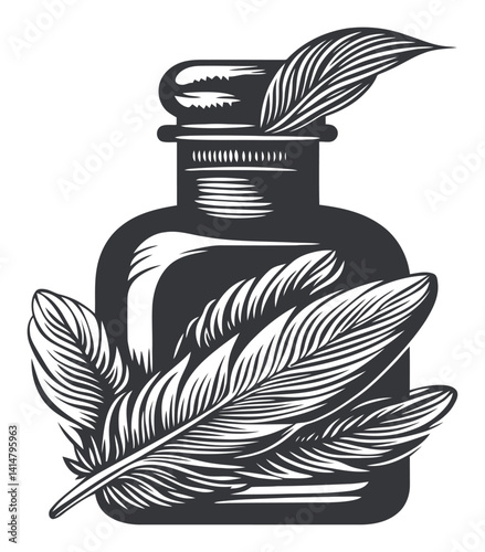 Vintage Ink Bottle with Quill Feathers in Woodcut Style Art