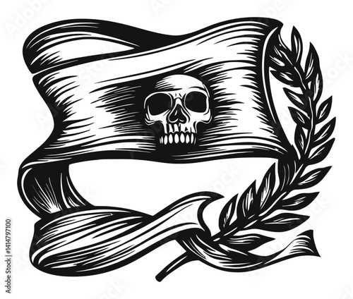 Skull and Banner Woodcut with Decorative Laurel Leaves Design