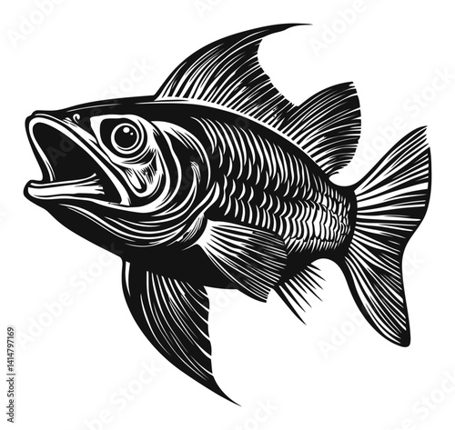 Detailed Engraving of Fish in Black and White Woodcut Style