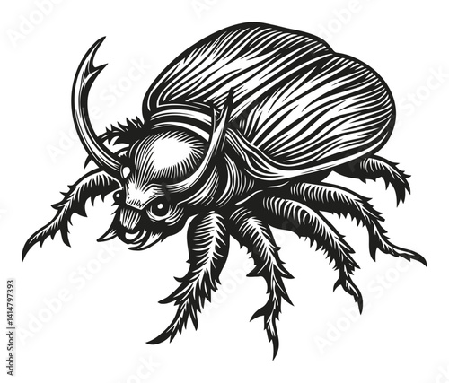 Intricate Woodcut Beetle Illustration with Detailed Textures and Lines